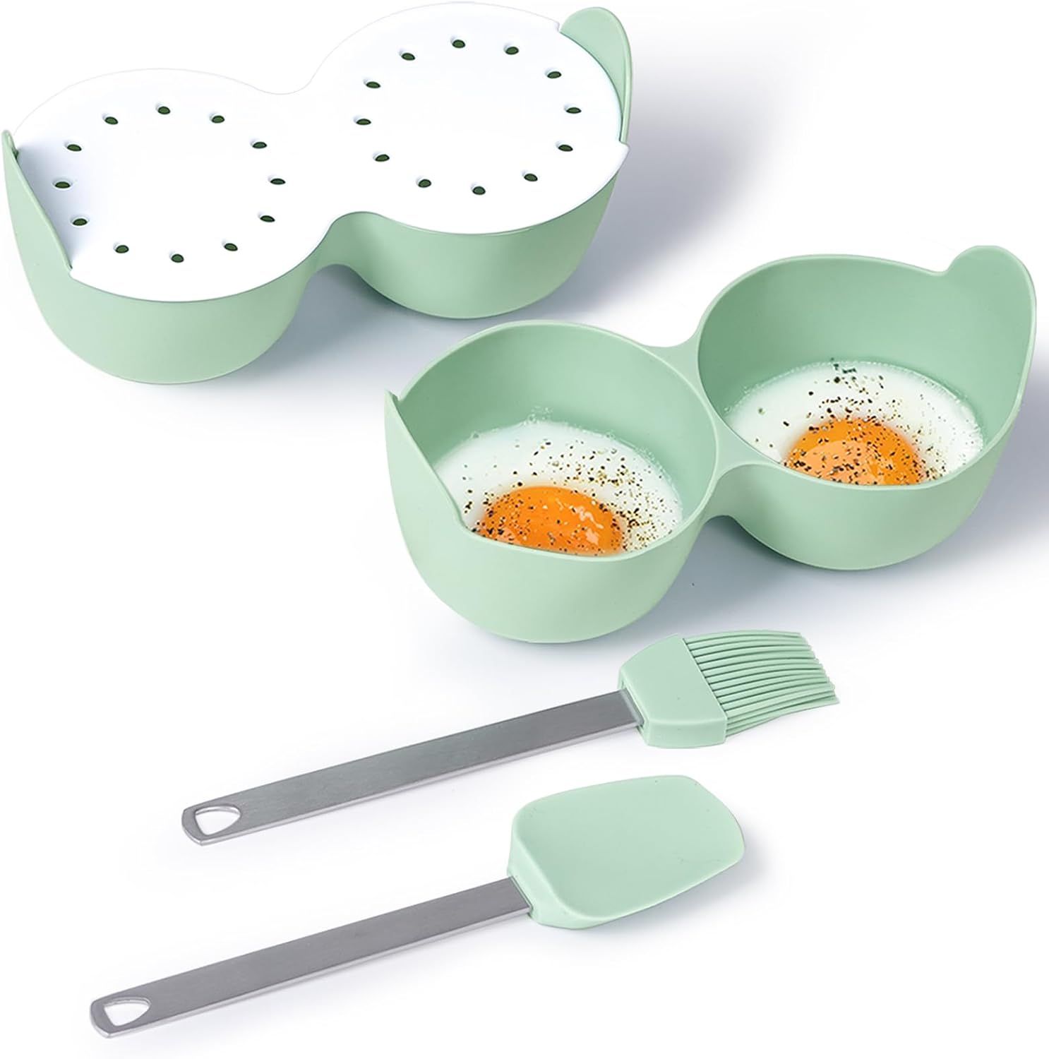 Cocedor escalfador de huevos de silicona de 2 cavidades con tapa y asa, apto para lavavajillas, compatible con olla instantánea, estufa y