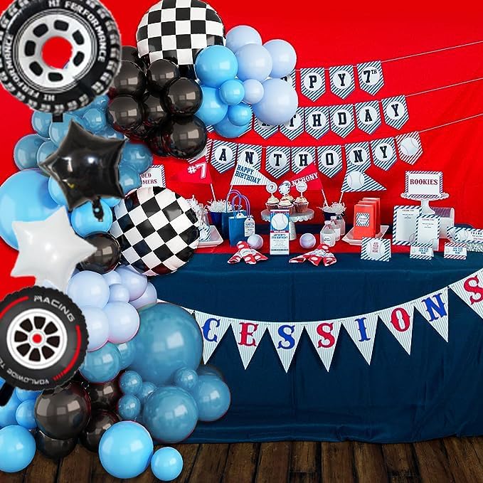 Kit de guirnalda de arco de globos de coche de carreras, globos de látex azul polvoriento y negro, globos de aluminio a cuadros, suministros de