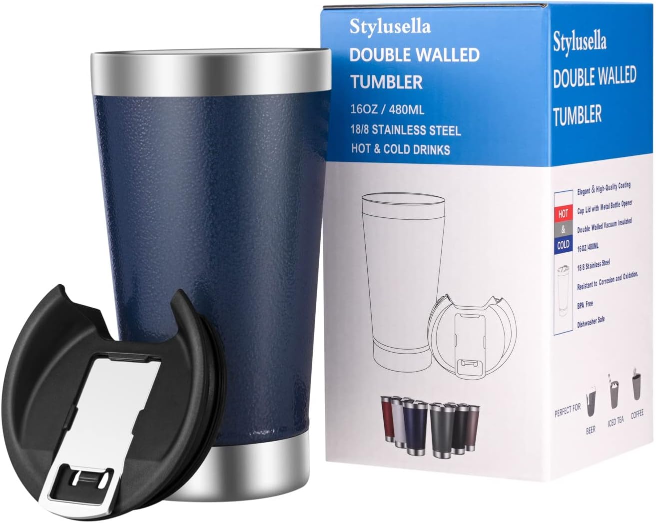 Vaso de cerveza de acero inoxidable de 16 oz16.2 fl oz, vaso aislado al vacío de doble pared, tapa con abridor de botellas, mantiene las bebidas