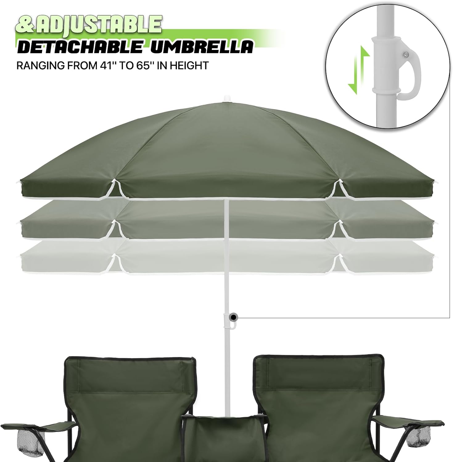 Magshion Silla de campamento doble con paraguas y enfriador para adultos, silla plegable de alta resistencia, color verde oscuro