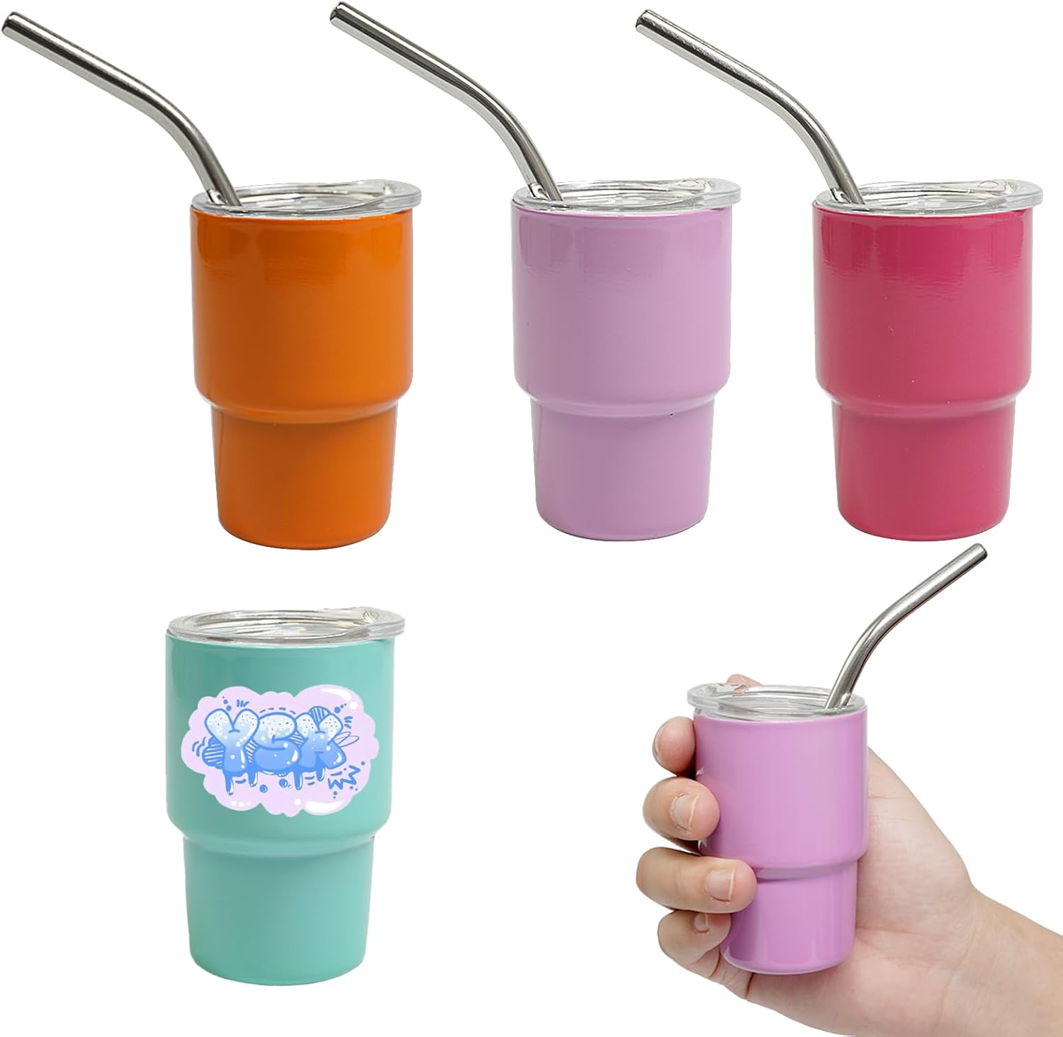 S-SNAIL-OO Mini vaso de chupito con pajilla, sublimación de doble capa de metal, lindo juego de vasos de chupito de 3 onzas con tapas para bebidas,