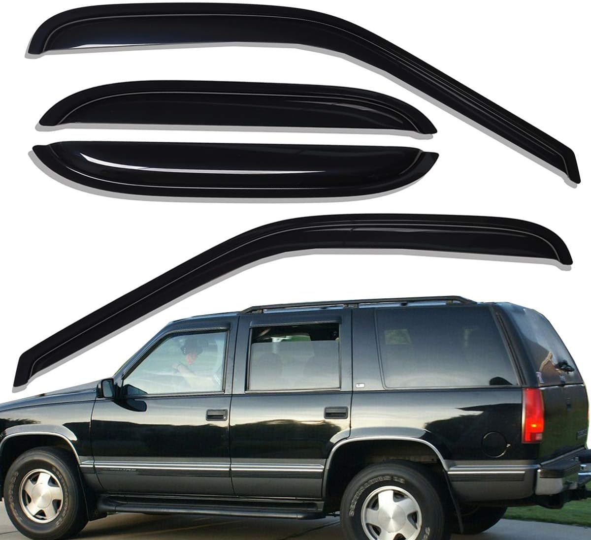 Lightronic WV94304 – Protector de lluvia para ventana lateral de montaje exterior, humo oscuro, juego de 4 piezas, se adapta a Cadillac Escalade