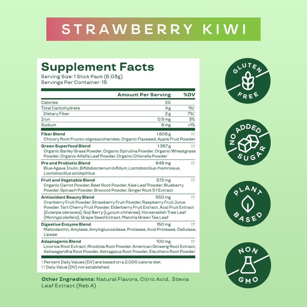 Bloom Nutrition Superfood Greens – Paquetes de barras en polvo, enzimas digestivas con probióticos y prebióticos, salud intestinal, alivio de la