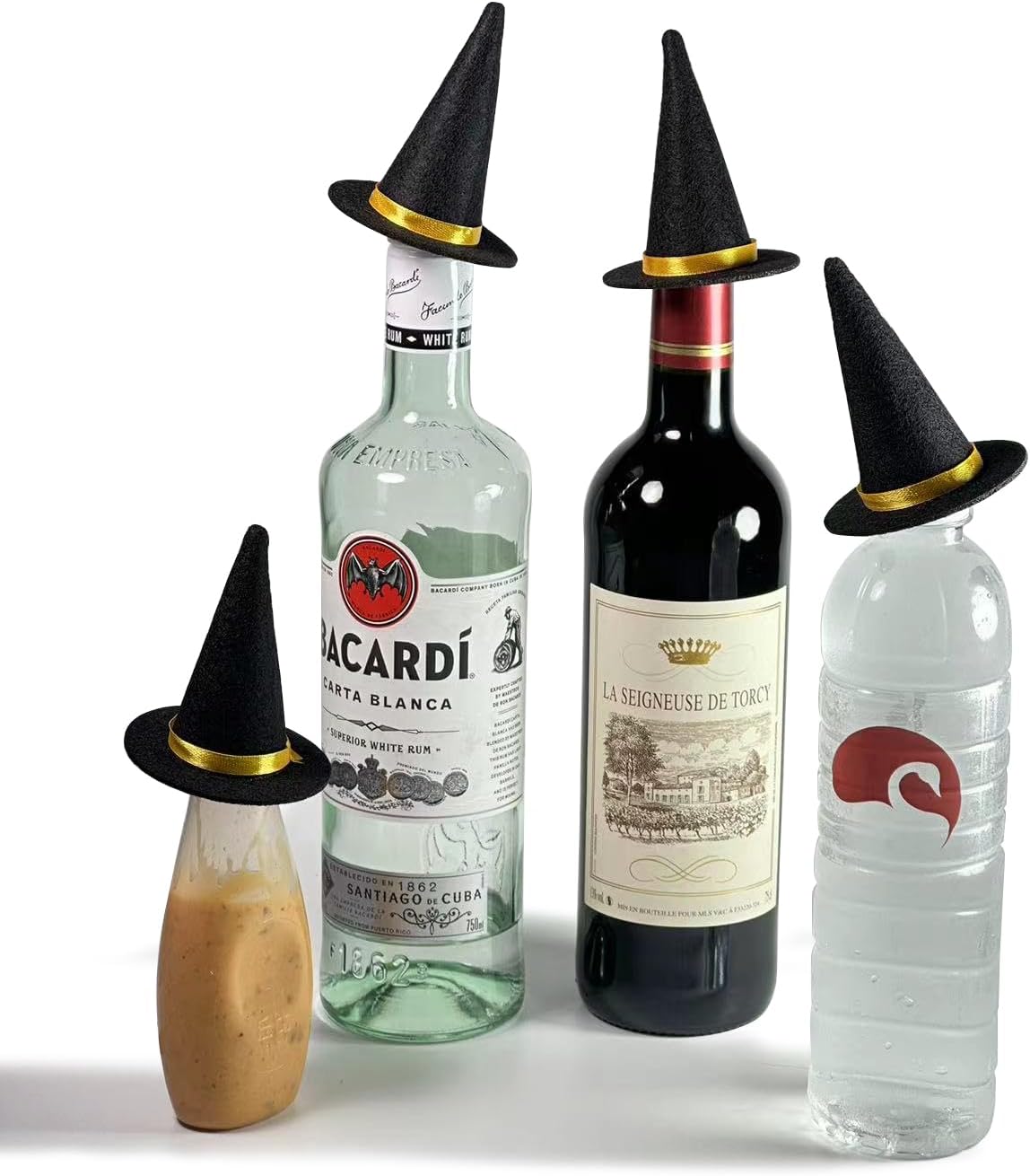 6 sombreros de bruja de fieltro hechos a mano para decoración de botellas de vino para fiestas de Halloween, accesorios para el cabello, manualidades