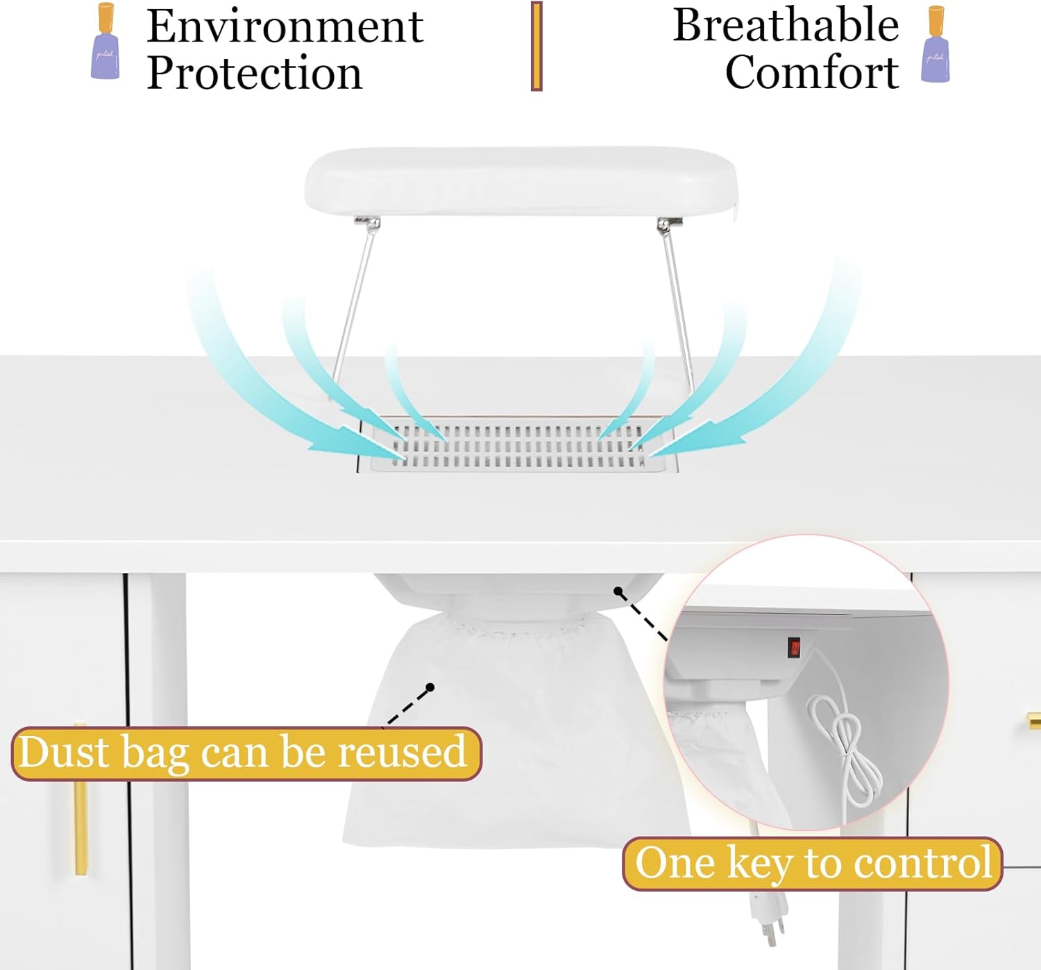 Hicomony Mesa de uñas blanca para tecnología de uñas, mesa de manicura con reposabrazos, colector de polvo de uñas, resistente a acetona, mesa de