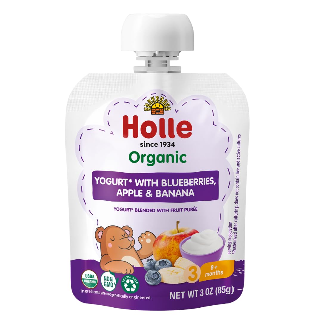 Holle Bolsas de yogur para bebés  Yogur orgánico con puré de manzana, plátano y bayas  Bolsas de yogur bebibles para niños y bebés de 8 meses en