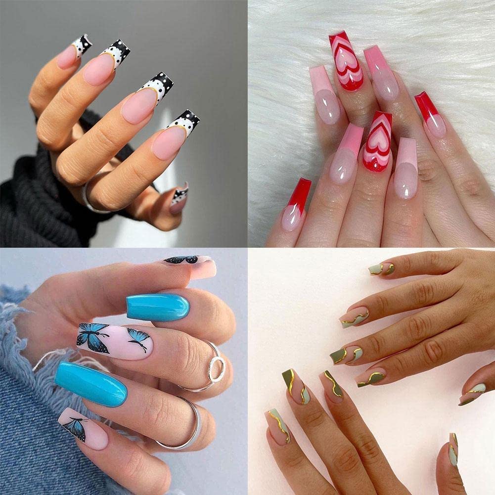 24 uñas postizas largas tipo ataúd desmontables y portátiles, cobertura completa, puntas de uñas de bailarina francesa, uñas postizas a presión,
