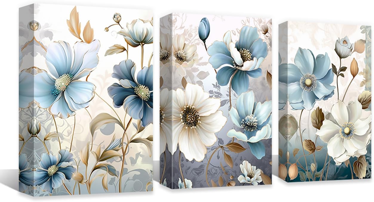 QIXIANG Lienzo decorativo para pared, 3 piezas, impresiones florales abstractas, pintura de flores azules y blancas para marco de decoración de