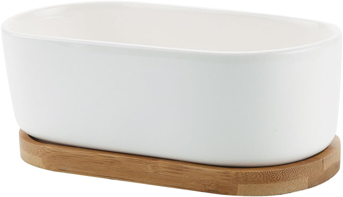 T4U Macetas pequeñas blancas para suculentas con bandeja de bambú, contenedor ovalado para plantas de cactus para decoración de mesa de oficina en