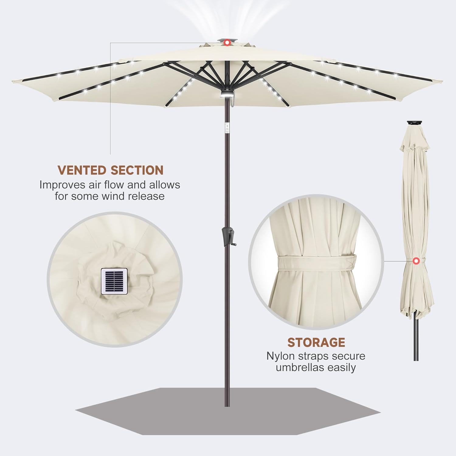 uHousDeco Sombrilla solar LED de 10 pies para patio y playa, impermeable y resistente al óxido, poste de acero marfil