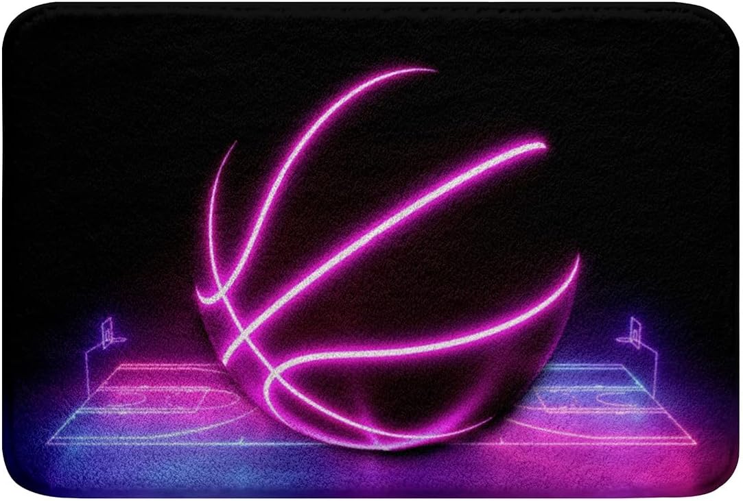 Tapete de baño de baloncesto brillante para niños y niñas, para cancha de baloncesto con degradado neón, antideslizante, absorbente, alfombra de