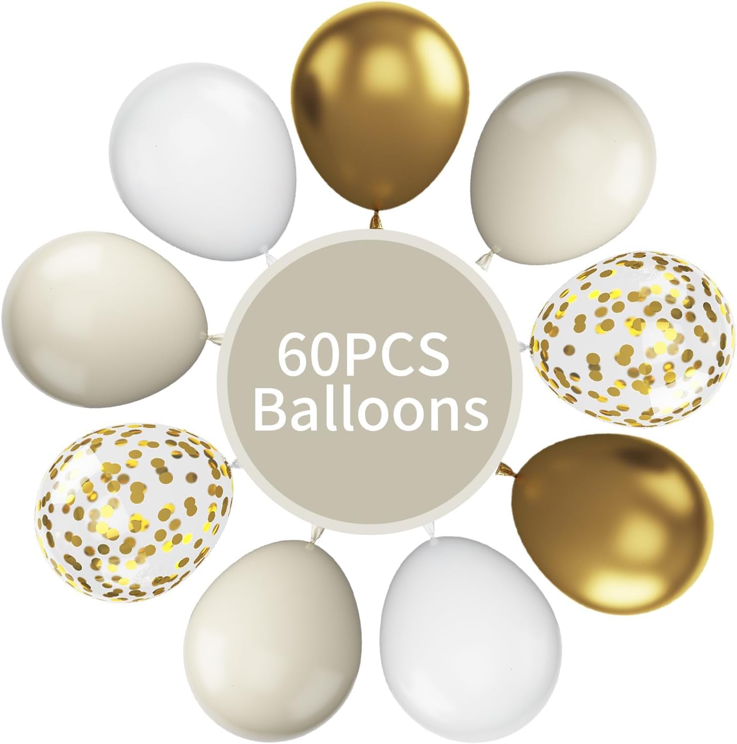 Funhot Globos blancos y dorados, 60 globos dorados y beige, globos de confeti dorado metálico de 12 pulgadas, globos de látex blanco helio para