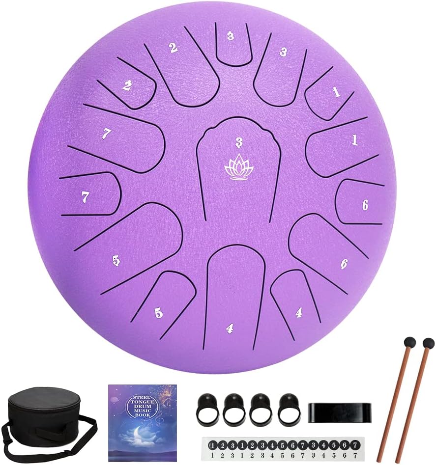 Tambor de lengua de acero de 12 pulgadas, 15 notas, instrumentos musicales, instrumento de percusión de tambor de mano, con bolsa suave, libro de