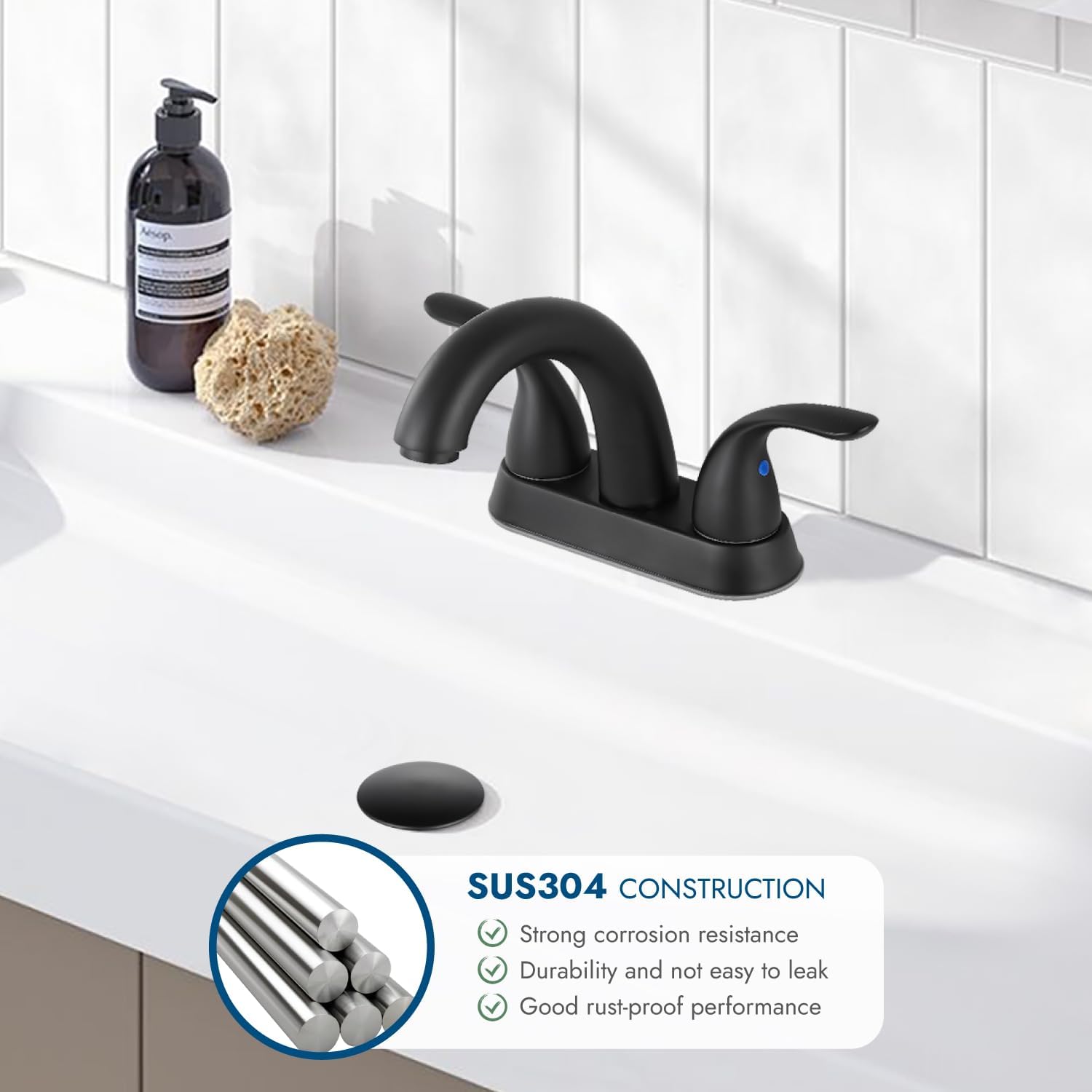 Grifo de lavabo central de 4 pulgadas, color negro mate, 2 asas, grifo mezclador con placa de cubierta, desagüe emergente y mangueras de suministro
