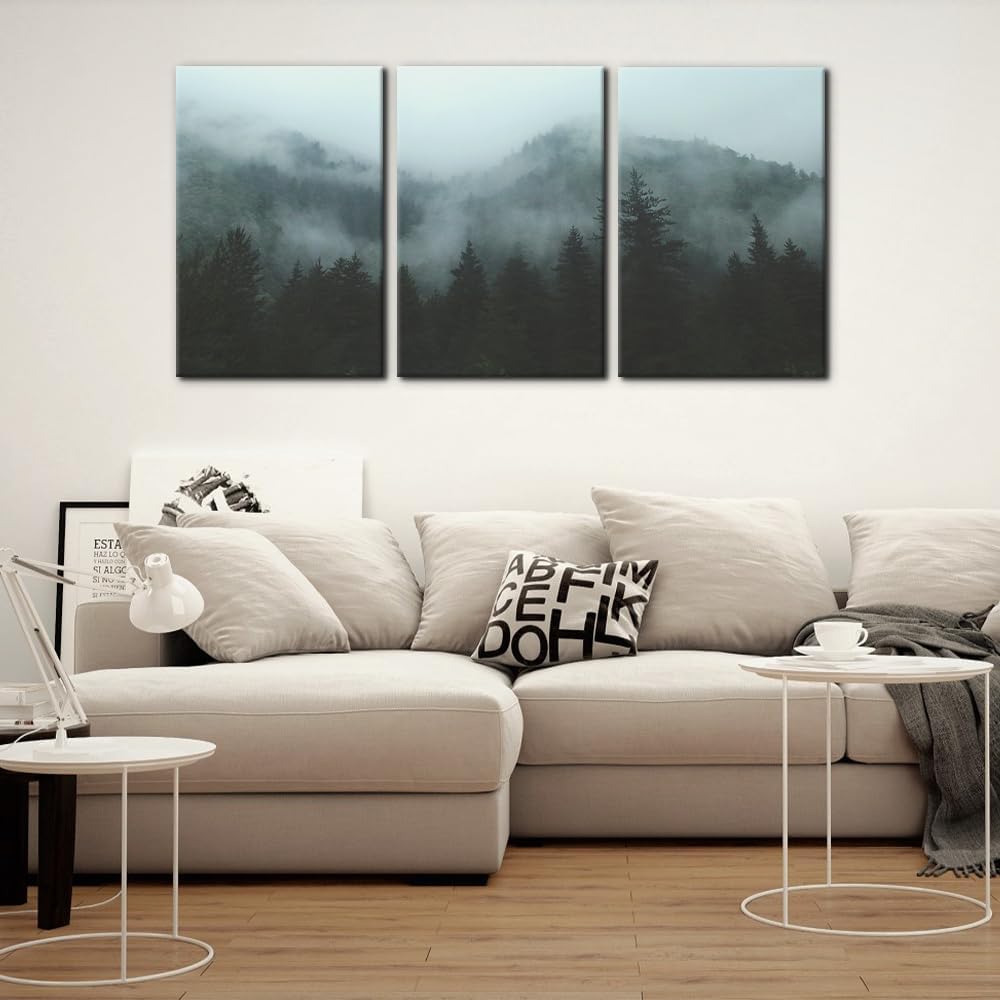 3 paneles de bosque de montaña en niebla, pintura para decoración del hogar para lienzo impreso, paisajes naturales, cuadros artísticos de pared