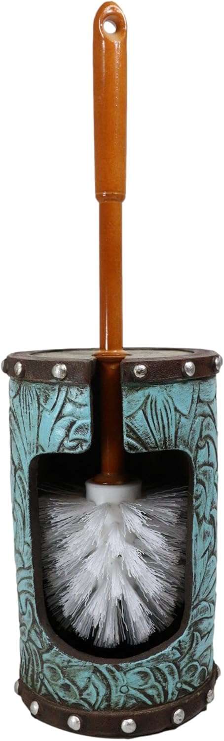 Ebros Gift Juego de 2 piezas para limpiar el inodoro con diseño floral de cuero sintético turquesa occidental rústico vintage y soporte para base