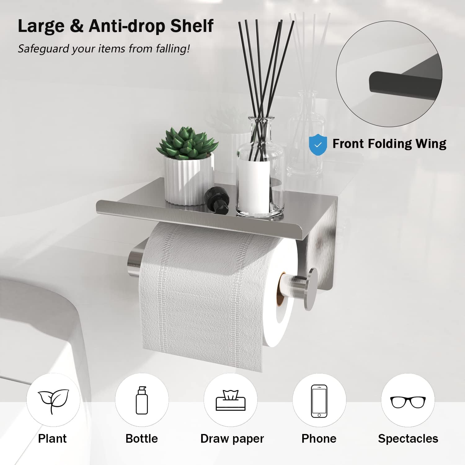 Soporte de papel higiénico adhesivo con estante para teléfono, soporte para rollo de papel higiénico montado en la pared, soporte para rollo de