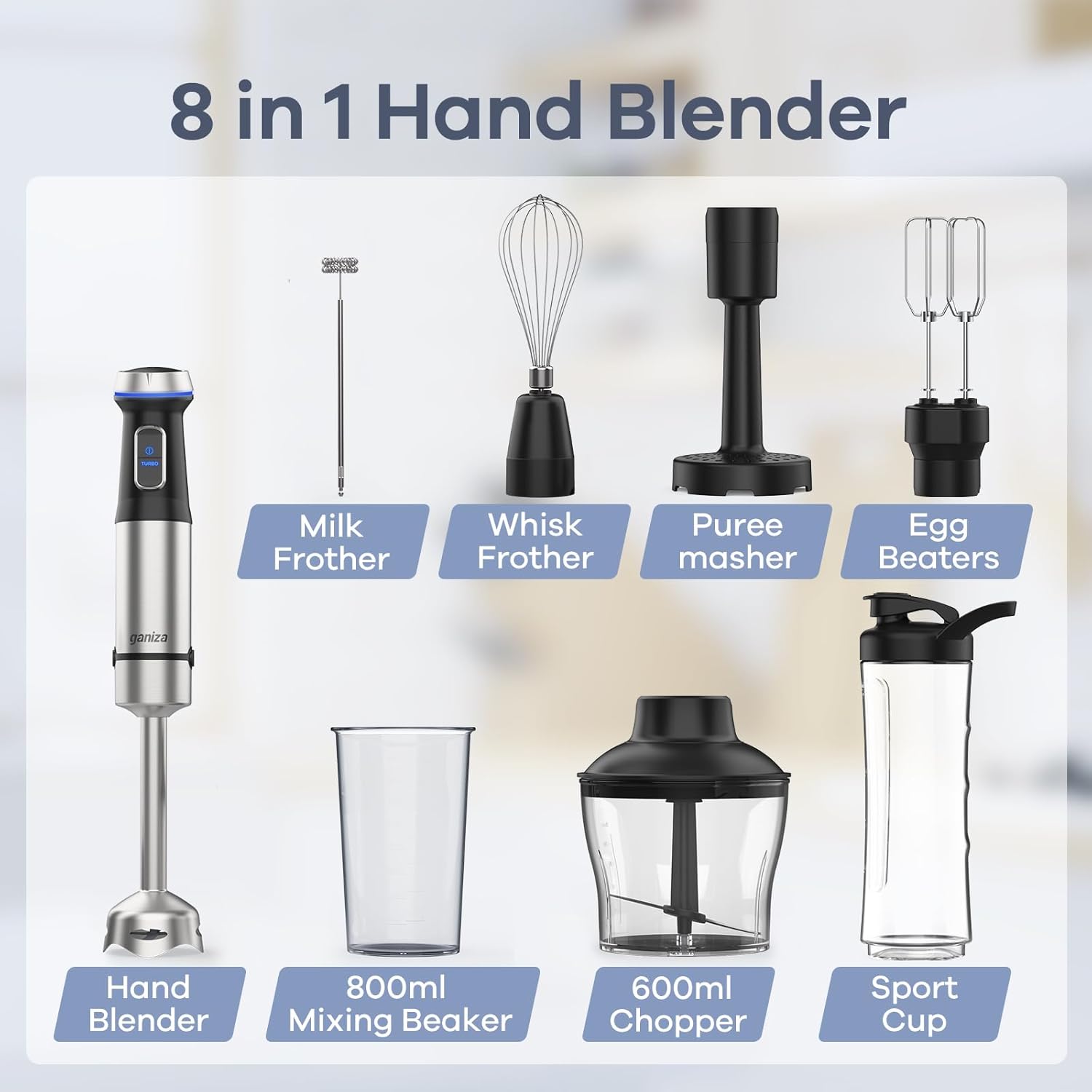 Ganiza Licuadora de inmersión 8 en 1 Batidora de mano 800W Motor resistente, 15 velocidades y modo turbo Batidora de mano de acero inoxidable Sitck