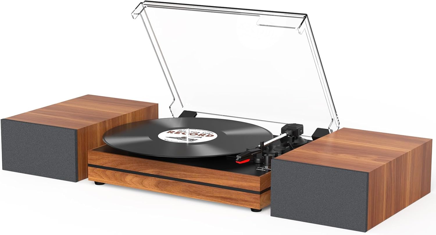 Tocadiscos vintage para vinilo con altavoces externos, tocadiscos de transmisión por correa con altavoces estéreo duales, entrada de auriculares
