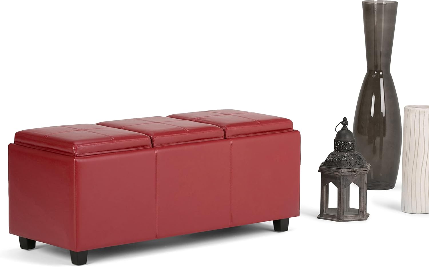 Otomana rectangular de Simpli Home de piel sintética para almacenamiento con 3 bandejas, Avalon, Madera