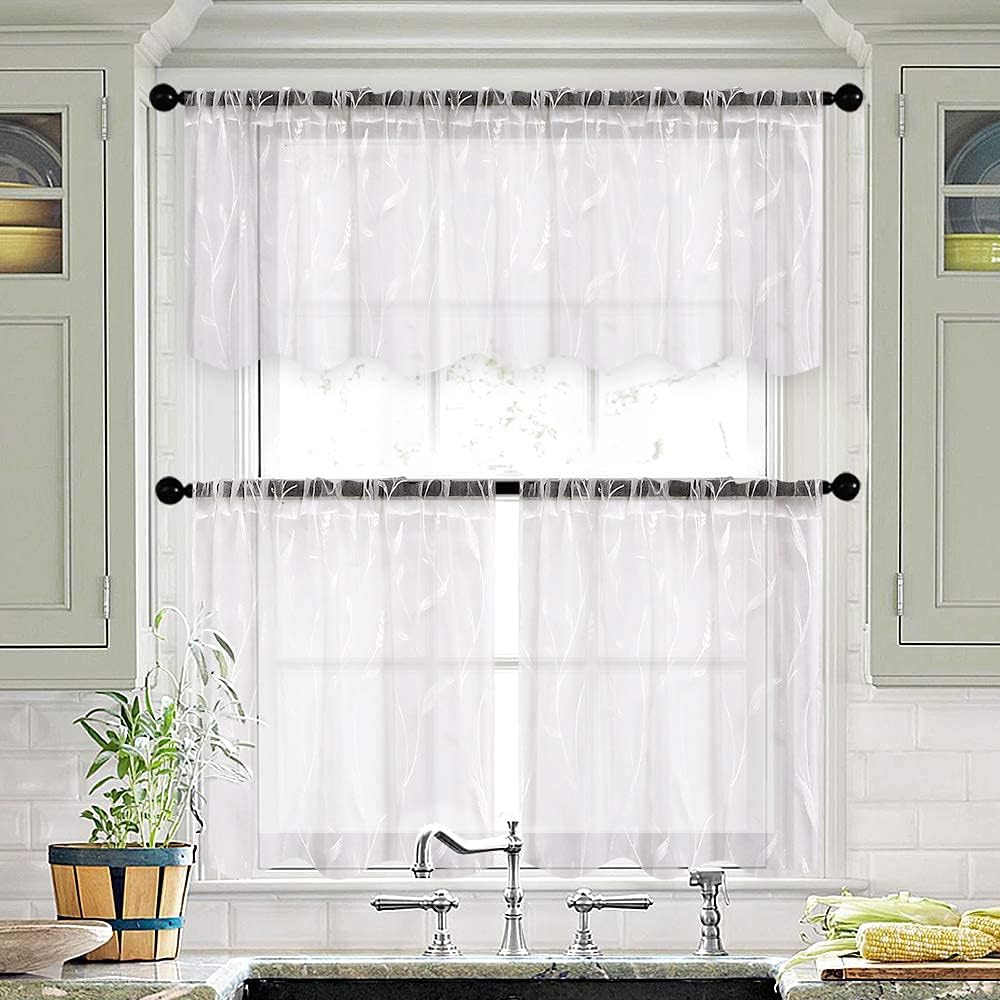 MRTREES Cortinas de cocina de 36 pulgadas con bordado de hojas blancas, cortinas cortas de Navidad para ventanas, 2 paneles con bolsillo para barra,