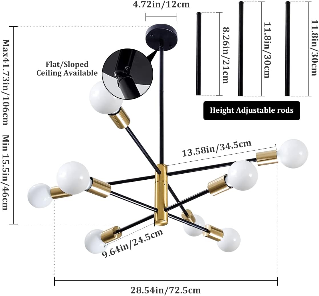 Candelabros Sputnik modernos con 8 lámparas doradas y negras, iluminación colgante contemporánea ajustable para colgar en el techo para salas de