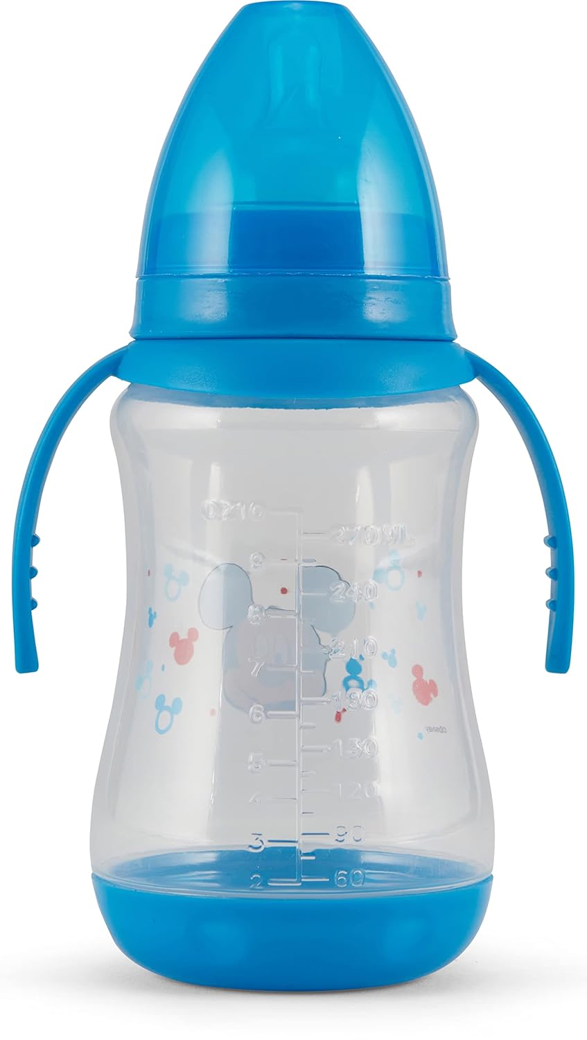 Disney Paquete de 2 biberones de 10 onzas con estampados de personajes y fundas de colores con doble asa, sin BPA y fácil de limpiar