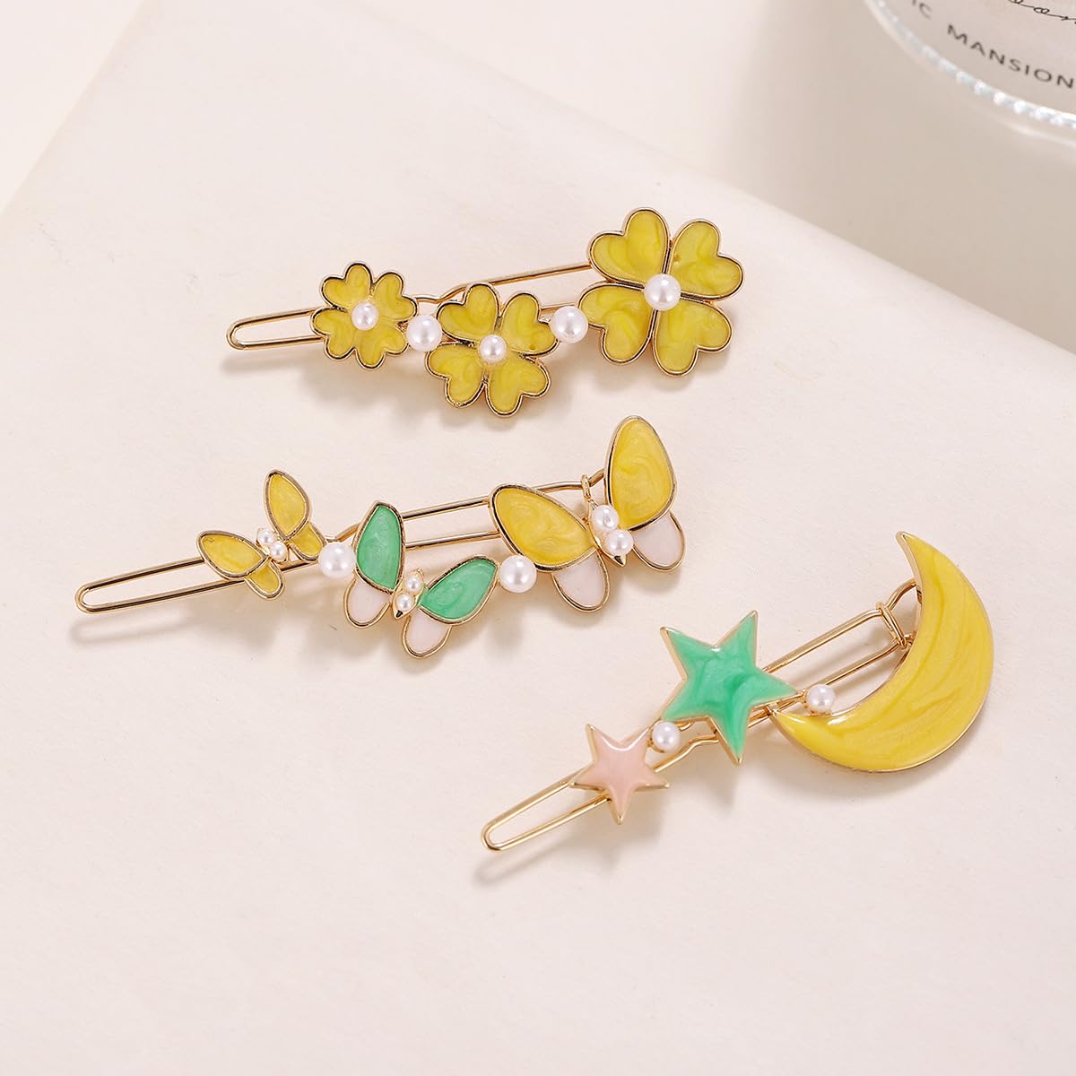 Horquillas para el cabello vintage con diamantes de imitación, 3 pinzas de pelo de mariposa de cristal amarillo brillante, pasadores de pelo de