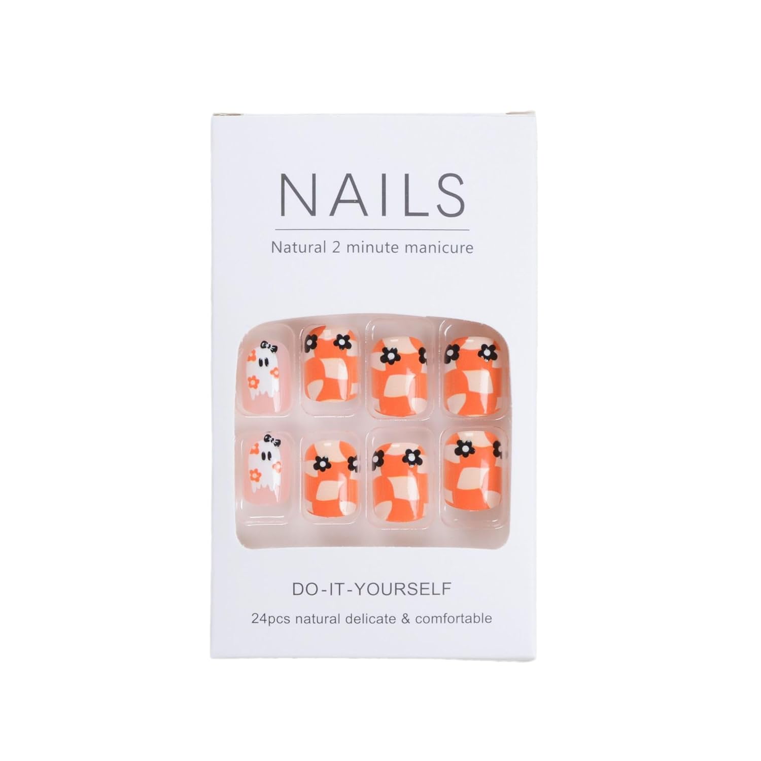 Uñas postizas cortas a presión para Halloween, con tablero de ajedrez deformado, enrejado trenzado, diseño de flor fantasma, uñas postizas