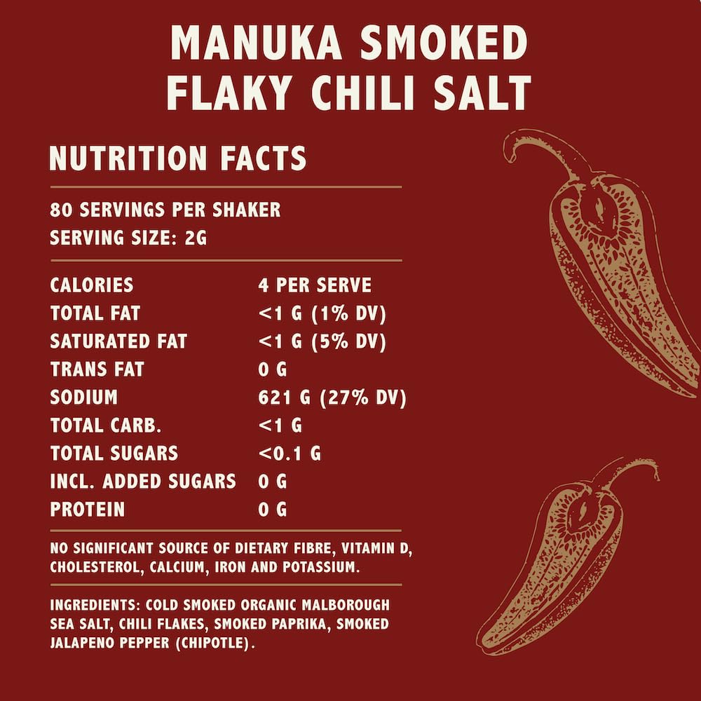 Kiwi Artisan Sal de chile ahumado, copos de sal marina orgánica, condimento para frotar en seco, infundido con pimentón ahumado y jalapeño,