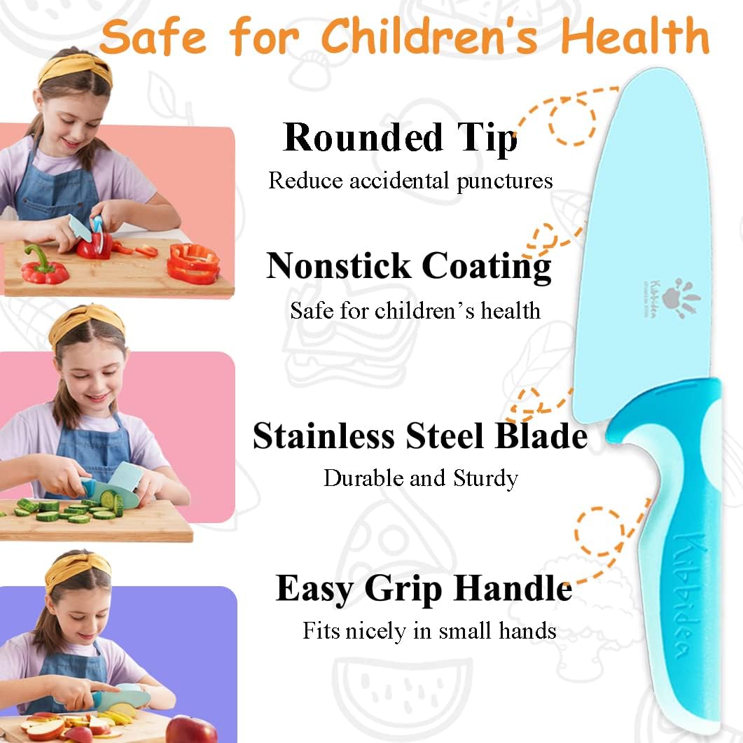 Kibbidea Juego de cuchillos para niños, 4 piezas de cocina para niños, de acero inoxidable, cuchillos de chef con pelador, protector de dedos,