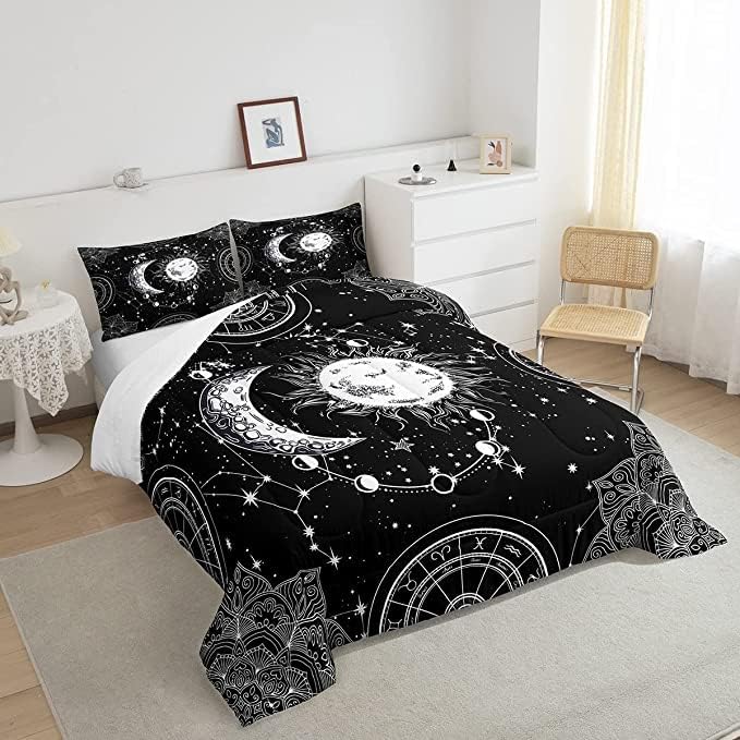 Juego de ropa de cama con sol y luna, constelación de galaxia, para niños, niñas, adolescentes, edredón psicodélico bohemio con mandala, juego de