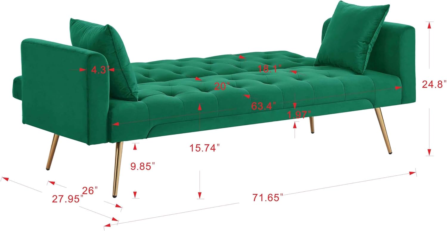 STELSIPLIY Sofá cama futón de terciopelo de 72 pulgadas con patas de metal y 2 almohadas, sofá cama moderno, sofá biplaza convertible tapizado con