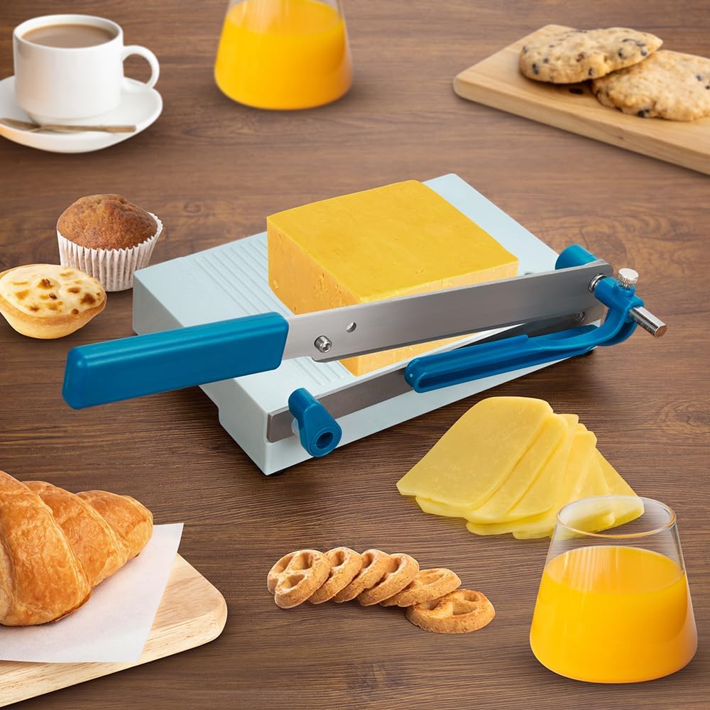 Cortador de queso multiusos con tabla, esfera de grosor ajustable, tabla de cortar con hoja de acero inoxidable para mantequilla spam y más para