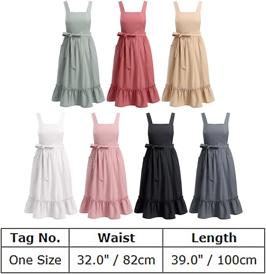 OBEEII Delantal de lino de algodón para mujeres y niñas, vintage, para hornear, cocinar, jardinería, trabajo, delantal, vestido con bolsillos