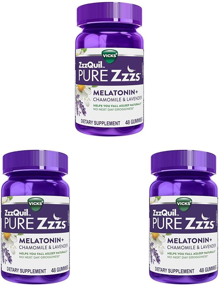 ZzzQuil Pure Zzzs, gomitas de melatonina para dormir con lavanda, raíz de valeriana y manzanilla, sabor natural de vainilla de bayas silvestres, sin