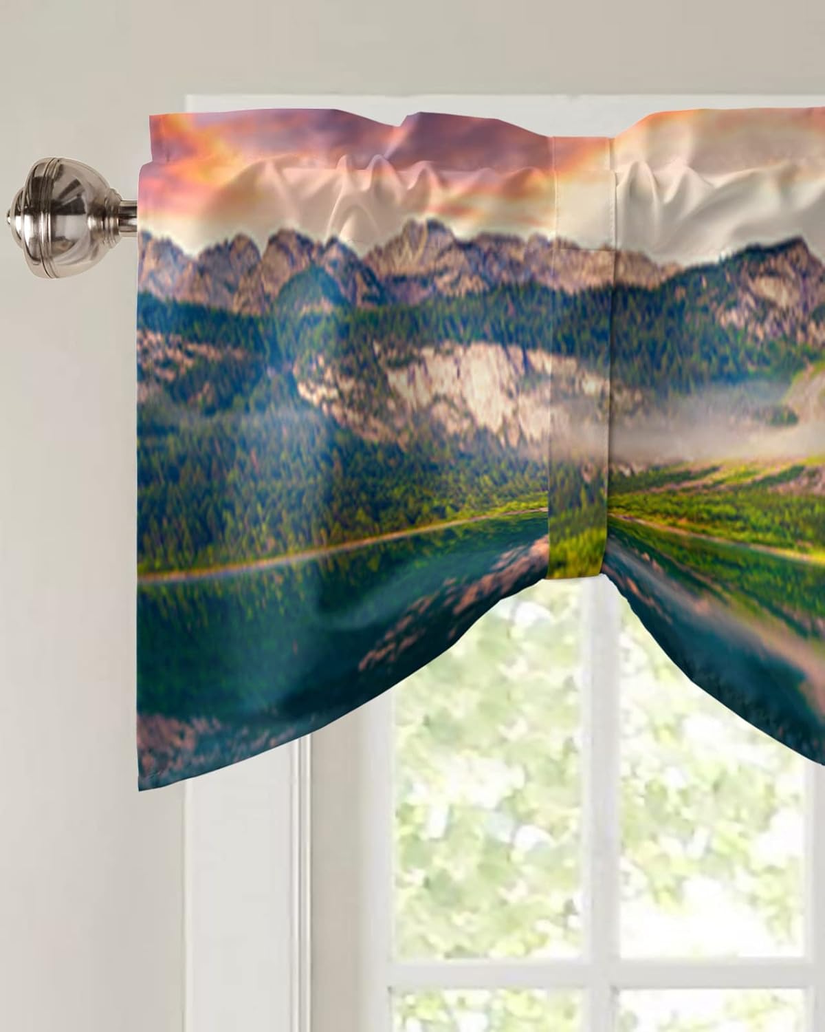 Valances for Windows, Natural Landscape Scenery Beautiful Dreamy Sundown Sunset Lake Tie Up Valance Curtains Light Filtering Adjustable Window