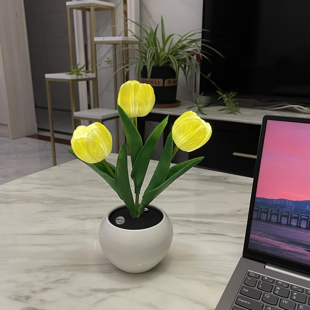 Lámpara de tulipán LED con flores artificiales, lámpara de mesa, luz nocturna, carga USB y atenuación para el hogar, sala de estar, dormitorio,