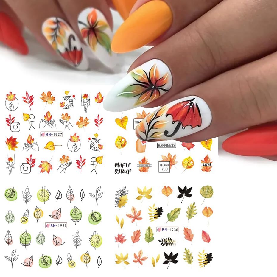 Calcomanías de arte de uñas de hojas de otoño, hojas de arce, calcomanías de transferencia de agua, suministros de arte de uñas, 36 piezas de hojas