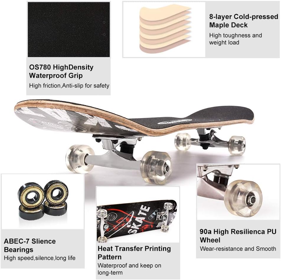 ChromeWheels Patineta de 31 pulgadas, patineta de doble patada, tabla Cruiser Longboard de 8 capas de arce para niños y principiantes