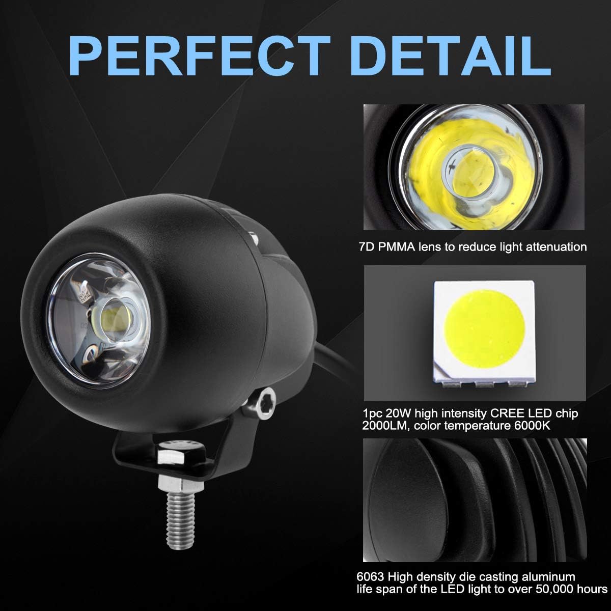 KAWELL 2 luces redondas de 20 W para motocicleta, bici de suciedad, 7D, 6000 K, luces antiniebla, impermeables, LED, barra de luz de trabajo, para