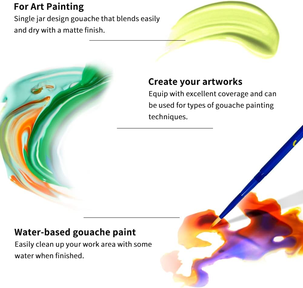Arrtx Juego de pintura Gouache, 9 colores apagados x 1.3 fl oz (1.2 fl oz), pintura de acuarela con 2 pinceles de acuarela de viaje, punta redonda,