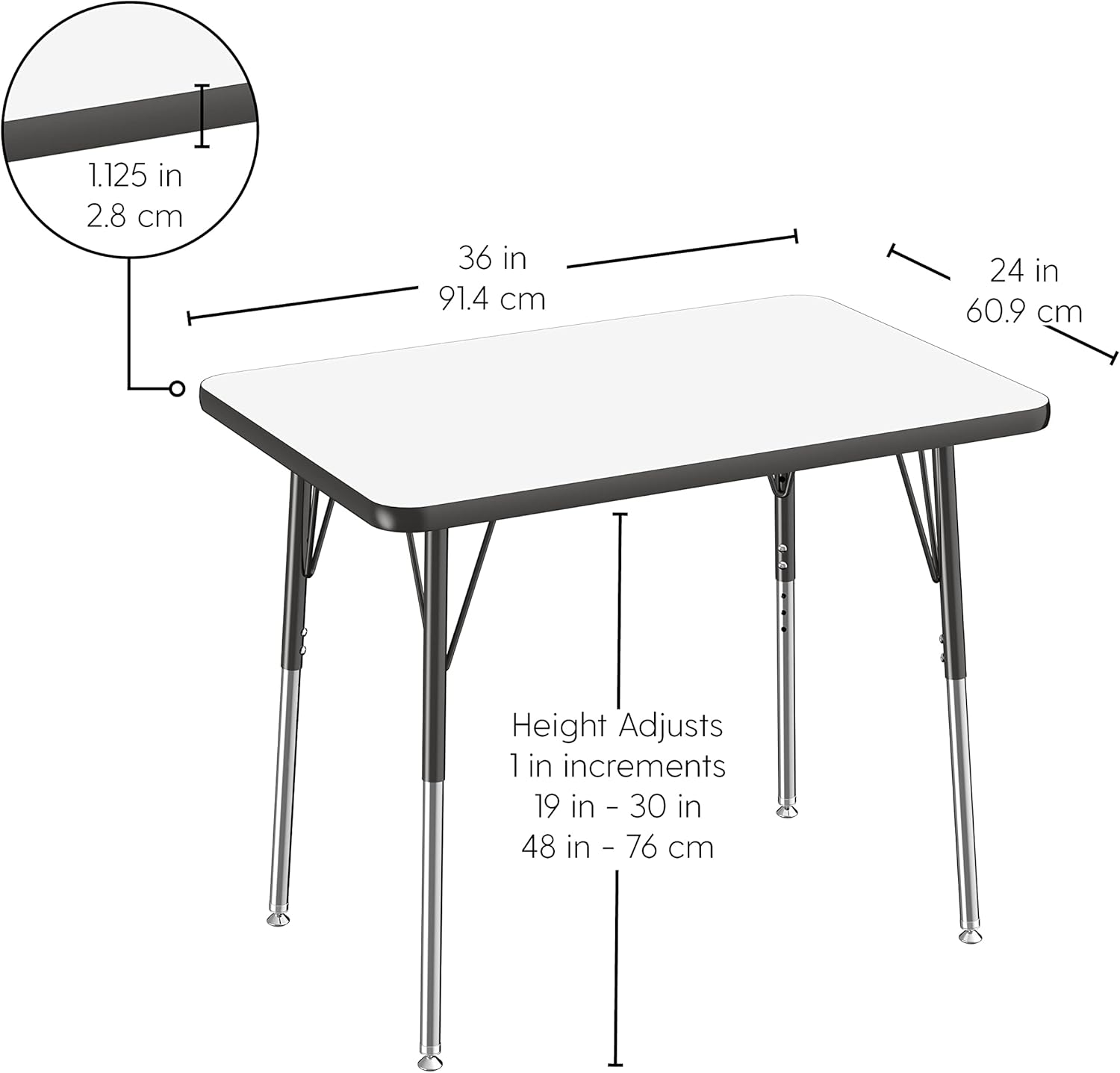 FDP – Mesa rectangular de borrado en seco para actividades escolares y de oficina (24 x 36 pulgadas), patas estándar con deslizadores giratorios,