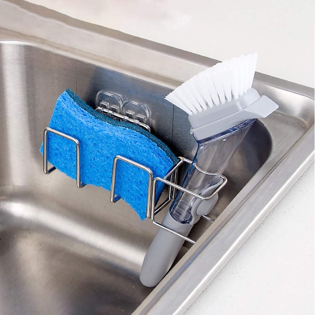 Soporte de esponja adhesivo + soporte para cepillo 2 en 1 para fregadero, organizador de fregadero, acero inoxidable SUS304, resistente al agua, a