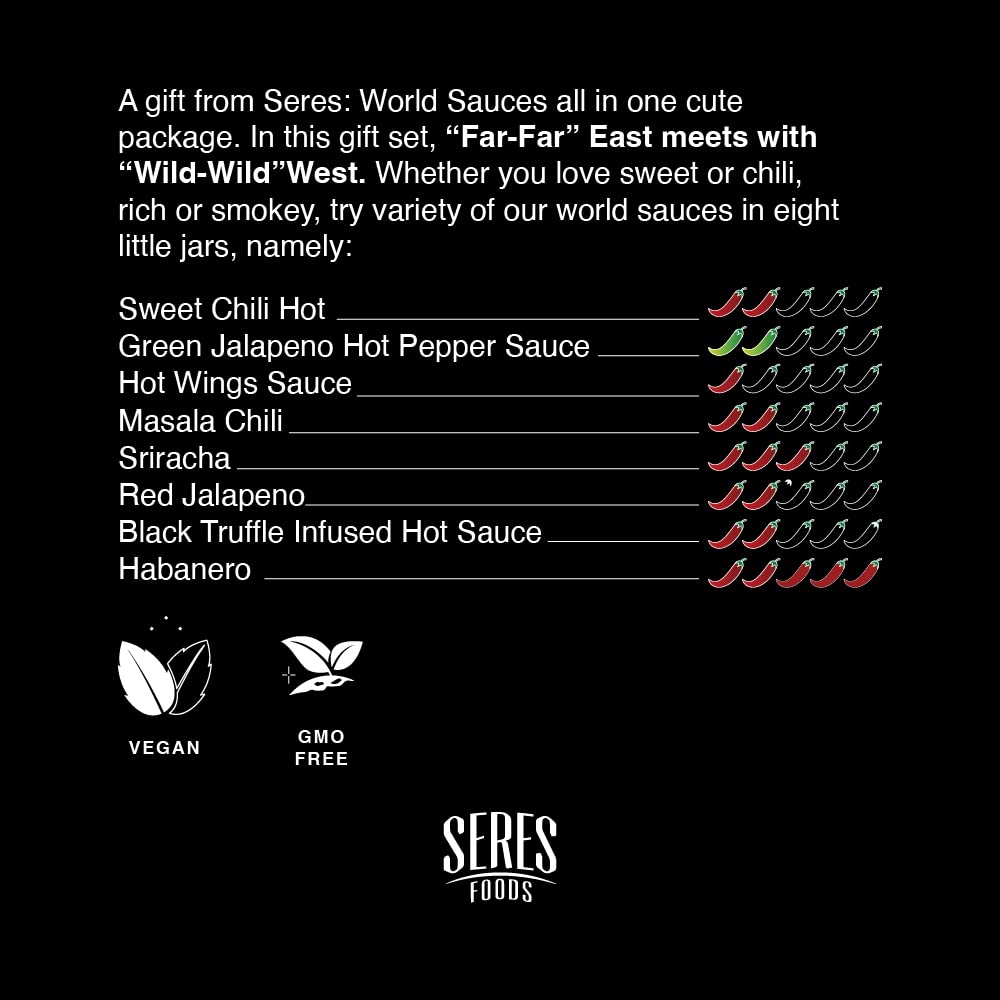Seres Foods World Sauces – Juego de regalo  Botellas de vidrio de 2.77 onzas líquidas, paquete de 8, variedad de sabores incluyendo Habanero Extra,
