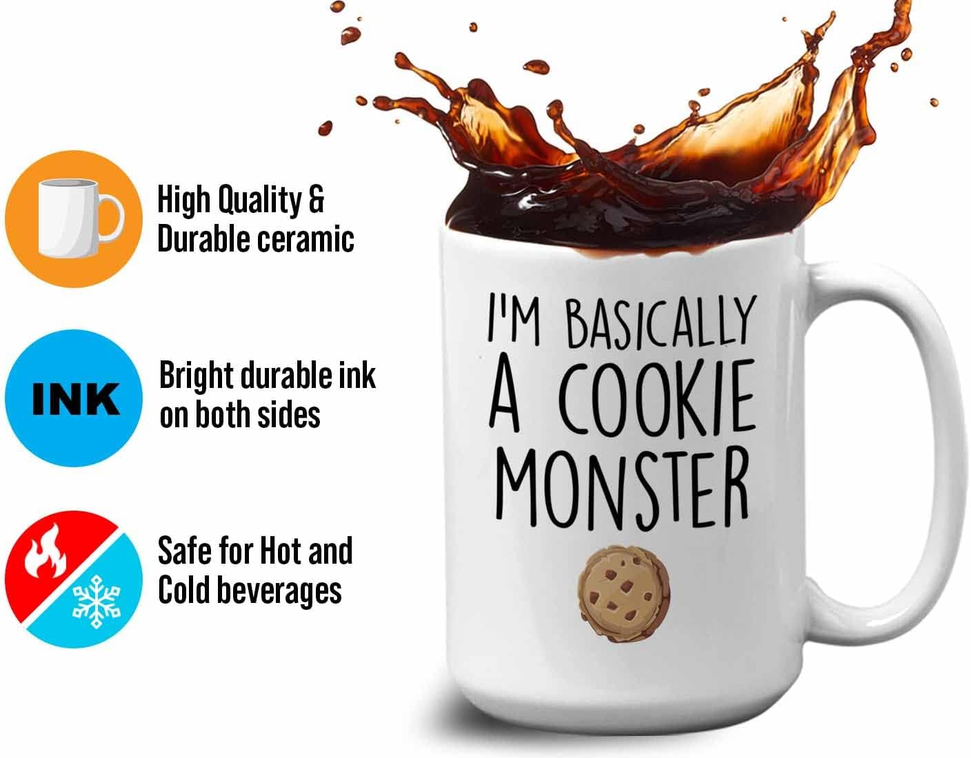 Taza de café Baker de 15 onzas, color blanco, I’m Basically A Cookie Monster – Baker Cook, delantal nutricional, cuchara, tenedor, decoración para