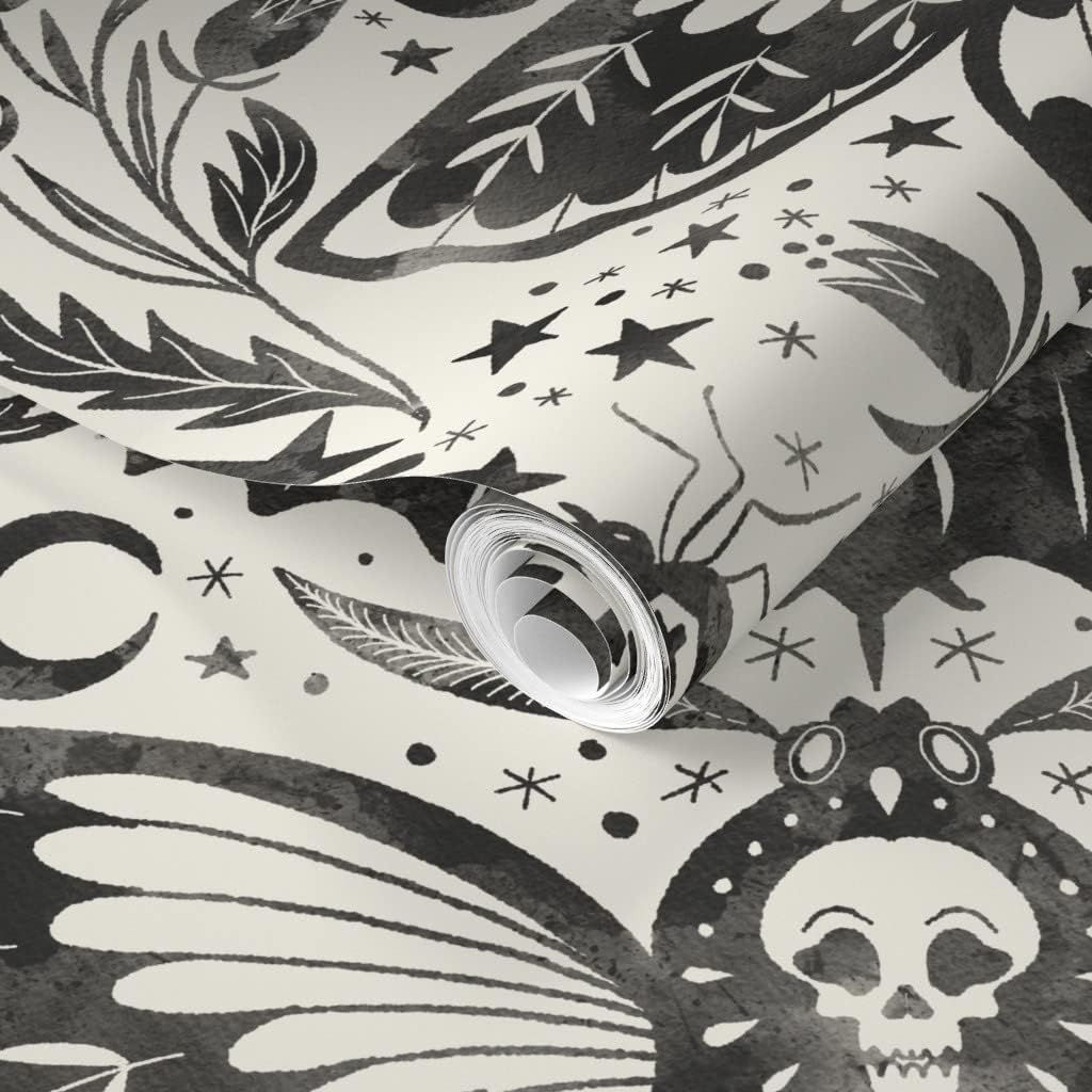 Spoonflower Papel tapiz extraíble de 12 x 2 pies  Acuarela Calavera Polilla Damasco Negro Blanco Flor Estrellas Elegante Tinta Magia Papel pintado