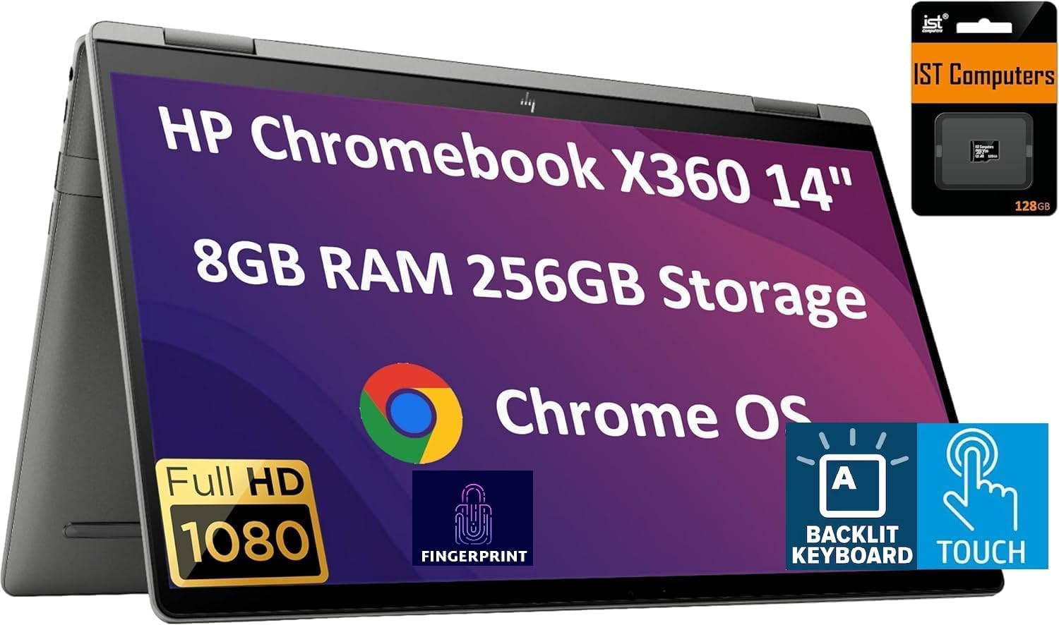 HP Laptop Chromebook x360 14c 2 en 1 (pantalla táctil FHD de 14 pulgadas, Intel i3-1115G4, 8 GB de RAM, 256 GB (128 GB SSD + tarjeta SD de 128 GB))