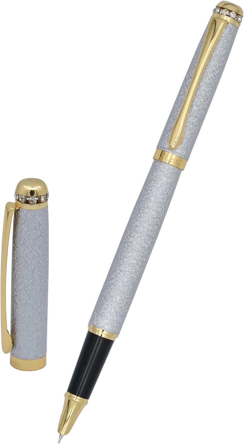 Gullor Pluma estilográfica, cuerpo esmerilado con borde dorado, recargable, incluye convertidor de tinta, punta extrafina (0.015 in), blanco