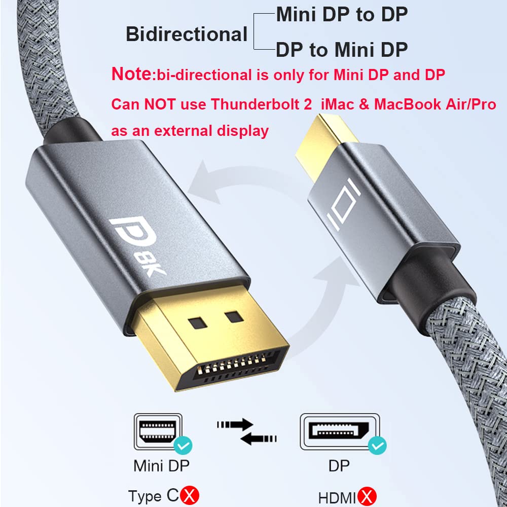 Cable Mini DisplayPort a Displayport 1.4 de 8K de 10 pies, cable Thunderbolt a DP 8K 60Hz 4K a 144Hz Thunderbolt 2 (video de salida) compatible con